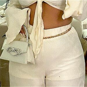 ivory white pleated textured pattern pants | flowy | Le Lis Collection